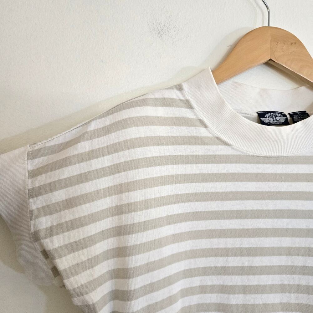 Vintage 80s Dockers Striped Shoulder Pad T-Shirt Boxy Tan White Cotton Knit L - Picture 3 of 6
